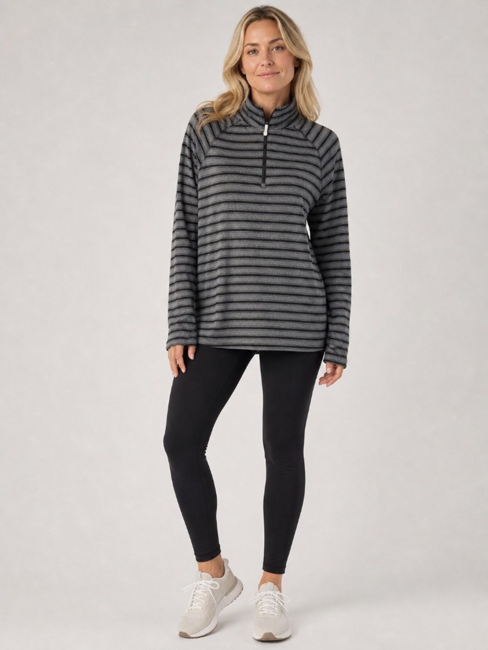 Eddie Bauer Free Day 1/4 Zip Pullover Striped Grey Black Activewear Woman Top XL
